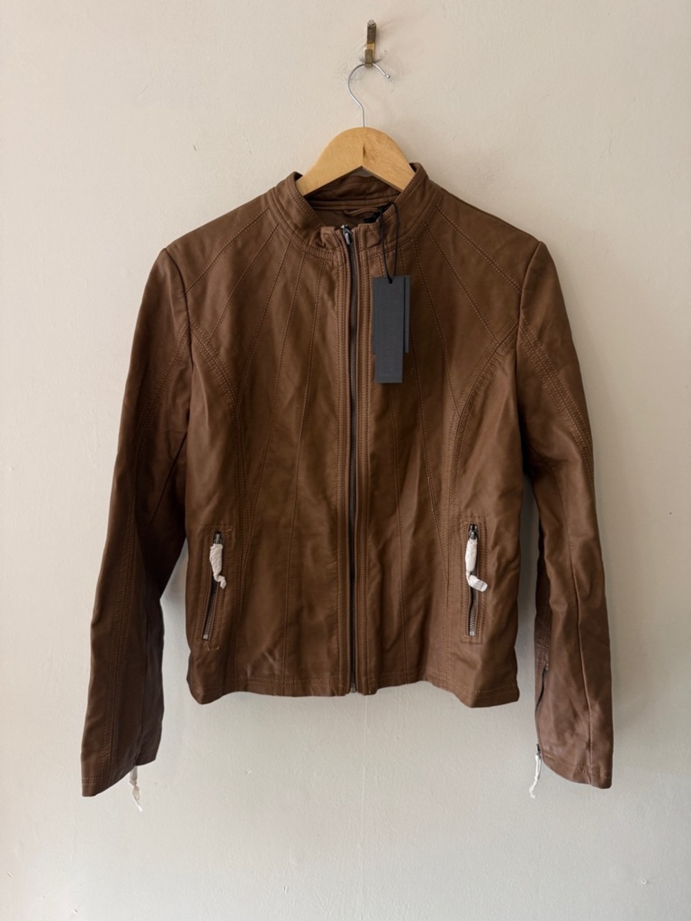 Women's Tan Faux Leather Moto Jacket - Picture 4 of 7